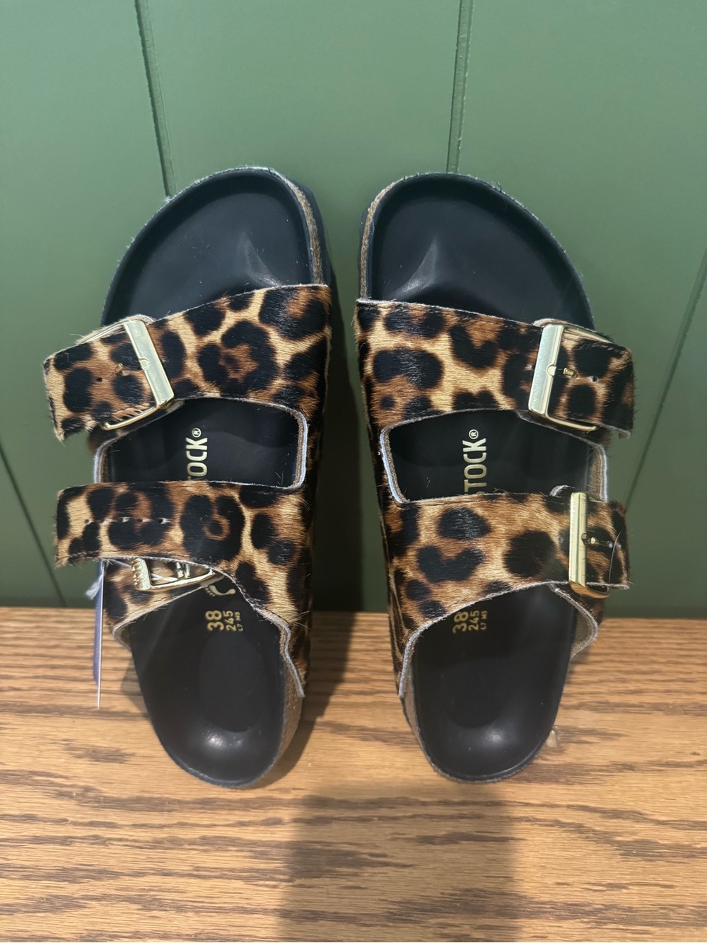Birkenstock Leopard Print Two-Strap Sandal with Gold Buckles